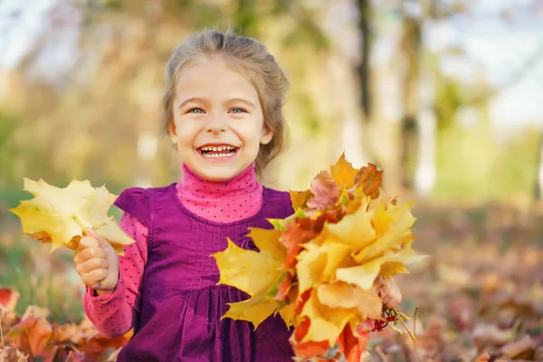 Menina feliz com folhas de outono — Fotografia de Stock