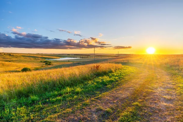 Güzel yaz günbatımında toprak yolu ve buğday tarlası olan kırsal alan — Stok fotoğraf