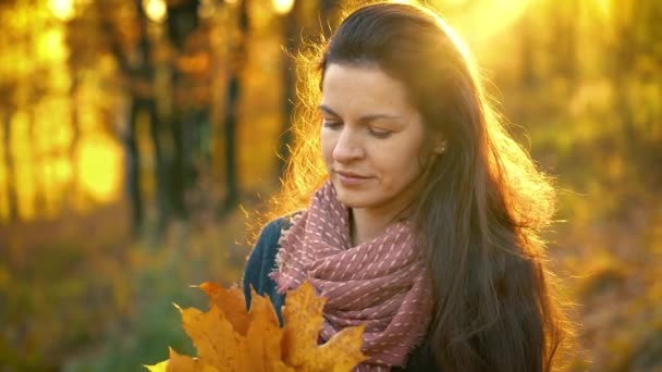 Joven hermosa mujer en otoño parque — Vídeo de stock