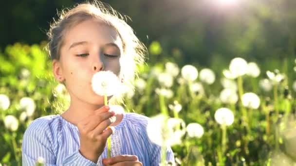 Beautiful little girl blowing dandelion at summer day. — Stock Video