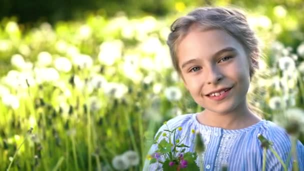 Belle petite fille jouant avec des fleurs le jour d'été. — Video
