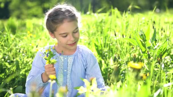 Mooi klein meisje spelen met bloemen in de zomer dag. — Stockvideo