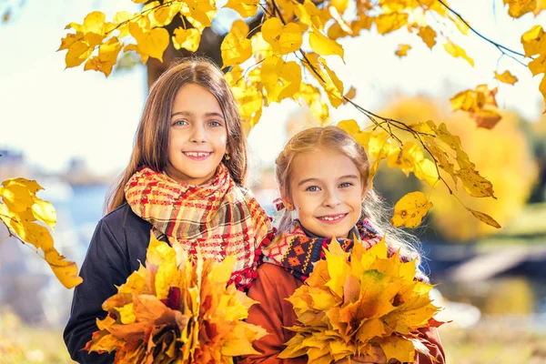 Güneşli bir sonbahar gününde bir parkta birlikte poz iki sevimli gülümseyen 8 yaşındaki kız. — Stok fotoğraf
