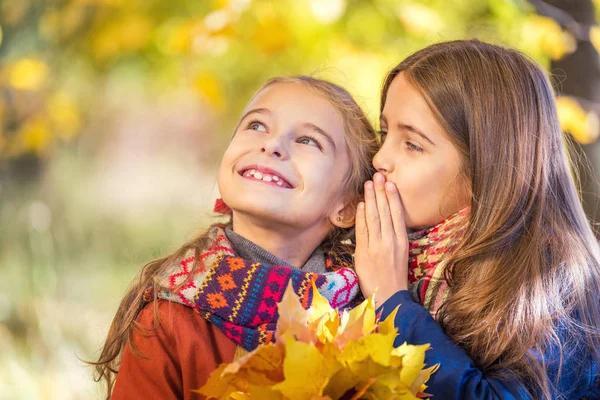 晴れた秋の日に公園でおしゃべりする2人のかわいい笑顔の8歳の女の子. — ストック写真