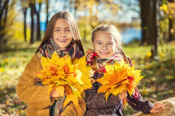 Dois sorrisos bonitos meninas de 8 anos posando juntas em um parque em um dia ensolarado de outono . — Fotografia de Stock