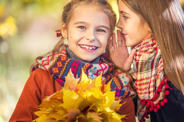 Dva milé usmívající se 8 let staré dívky v parku v slunečném podzimní den. — Stock fotografie