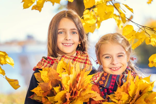 Deux jolies filles souriantes de 8 ans posant ensemble dans un parc un jour d'automne ensoleillé . — Photo