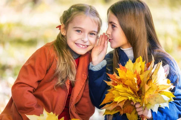 Güneşli bir sonbahar gününde bir parkta sohbet iki sevimli gülümseyen 8 yaşındaki kız. — Stok fotoğraf