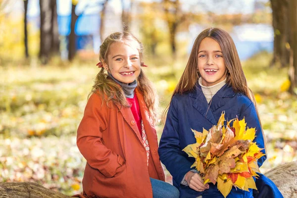 Deux jolies filles souriantes de 8 ans posant ensemble dans un parc un jour d'automne ensoleillé . — Photo