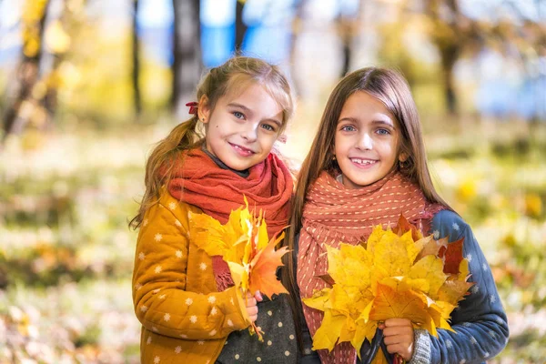 Dois sorrisos bonitos meninas de 8 anos posando juntas em um parque em um dia ensolarado de outono . — Fotografia de Stock