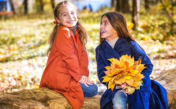 Two cute smiling 8 years old girls chatting in a park on a sunny autumn day. — Stock Photo, Image