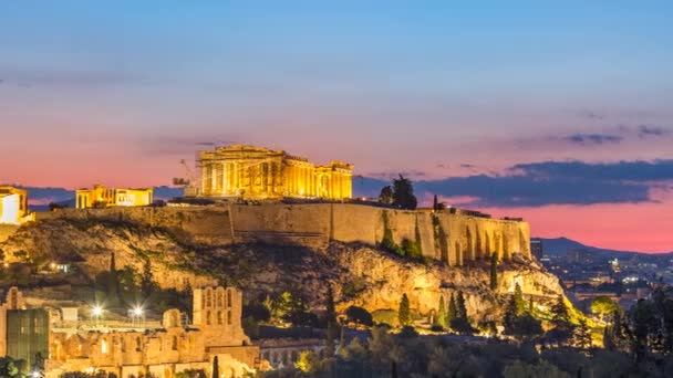 Timelapse del Partenón, Acrópolis de Atenas, Grecia al amanecer — Vídeos de Stock