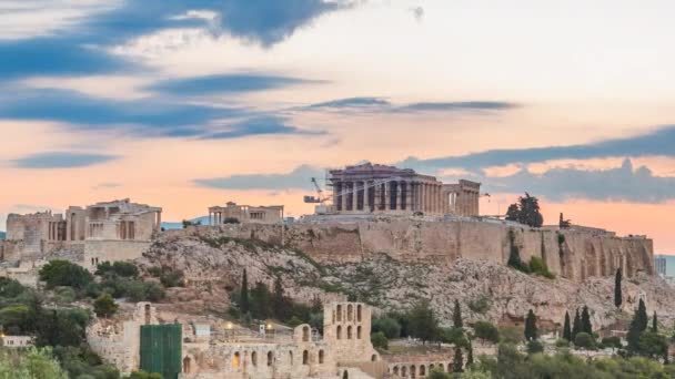 Timelapse van Parthenon, Akropolis van Athene, Griekenland bij zonsopgang — Stockvideo