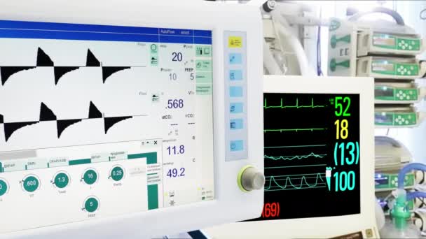 Equipamento Médico Uti Ventilação Pulmonar Mecânica Monitorização Cardíaca Sinais Vitais — Vídeo de Stock