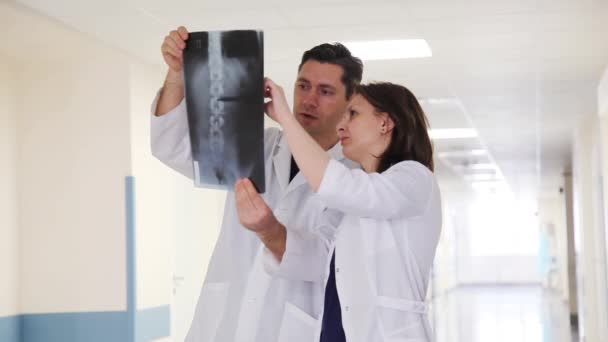 Δύο Γιατροί Στο Διάδρομο Της Κλινικής Ακτινογραφία Εικόνας — Αρχείο Βίντεο