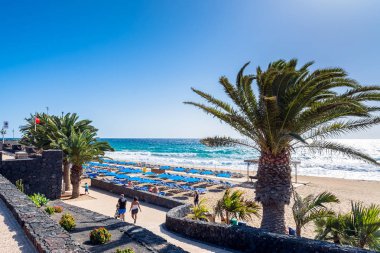 Puerto del Carmen, İspanya - 29 Aralık 2016: avuç içi ve Puerto del Carmen, İspanya beach boardwalk görünümünü gün. Puerto del Carmen başlıca turistik kasabadır Adası Lanzarote, Kanarya Adaları