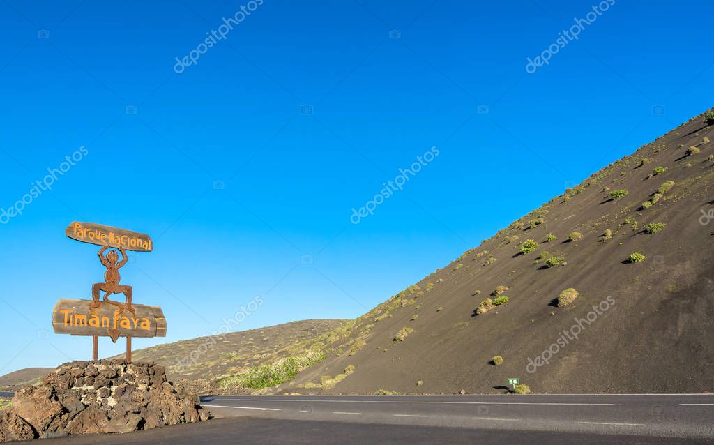 Yaiza, Spain - December 28, 2016: Lanzarote Timanfaya National Park devil sign in Yaiza, Spain. The devil sign was created by Cesar Manrique.