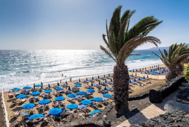 Puerto del Carmen, İspanya - 29 Aralık 2016: gün görünümü Beach palm ve turistler Puerto del Carmen, İspanya ile. Puerto del Carmen başlıca turistik kasabadır Adası Lanzarote, Kanarya Adaları