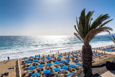 Puerto del Carmen, İspanya - 29 Aralık 2016: gün görünümü Beach palm ve turistler Puerto del Carmen, İspanya ile. Puerto del Carmen başlıca turistik kasabadır Adası Lanzarote, Kanarya Adaları