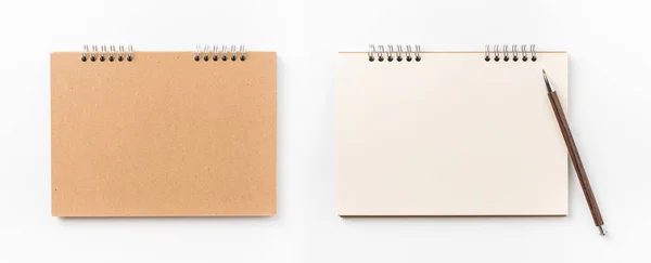 Concepto Diseño Vista Superior Del Cuaderno Espiral Kraft Página Blanco — Foto de Stock