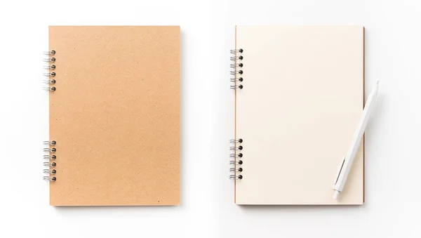 Concepto Diseño Vista Superior Del Cuaderno Espiral Kraft Página Blanco — Foto de Stock