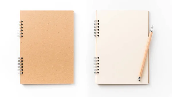 Conceito Design Visão Superior Notebook Espiral Kraft Página Branco Caneta — Fotografia de Stock