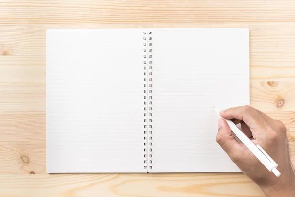 Designkoncept Top View Svart Kraft Spiral Notebook Och Mannens Hand — Stockfoto