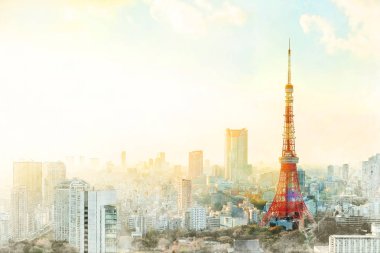 Asya iş kavramı için emlak - Tokyo tower, Japonya ve panoramik modern şehri kuş bakışı ile dramatik gündoğumu ve sabah gök dönüm noktası. Mix elle çizilmiş kroki çizim