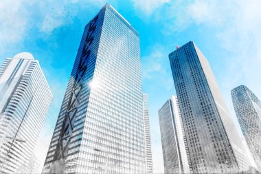 Asya iş kavramı - mavi gökyüzü, güneş ışıkları Tokyo, Japonya'da yansıtmak finans bölgesine, gökdelenler şehir siluetleri görünümünde arama. Mix elle çizilmiş kroki çizim
