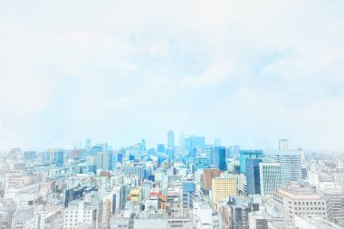 Sabah mavi parlak gökyüzünde Nagoya, Japonya mix elle çizilmiş kroki çizim Nagoya Tv Tower ve Asya iş kavramı - panoramik modern cityscape bina kuş göz altında gündoğumu havadan görünümü