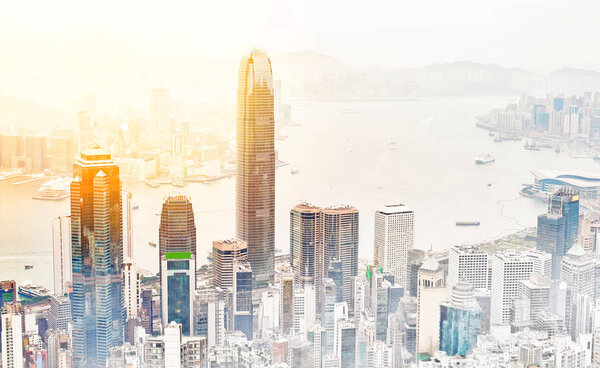 Asia Business concept for real estate - panoramic modern cityscape building bird eye aerial view under sunrise and morning blue bright sky in Hong Kong (HK), China. Mix hand drawn sketch illustration