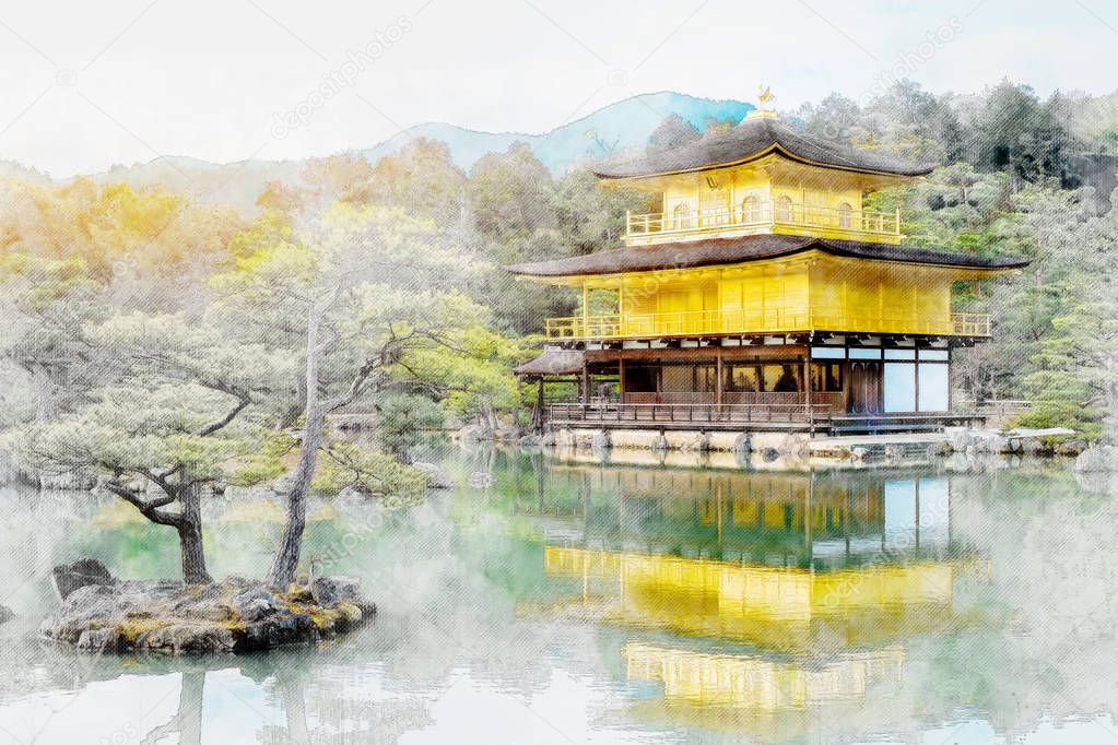 Asia culture concept - the world cultural heritage, Kinkaku Ji under dramatic morning sunshine, the traditional golden zen buddhist temple in Kyoto, Japan. Mix hand drawn sketch illustration