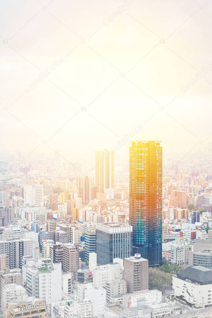Asia Business concept for real estate and corporate construction - panoramic modern cityscape building bird eye aerial view under sunrise and morning blue bright sky in Osaka, Japan. Mix hand drawn sketch illustration