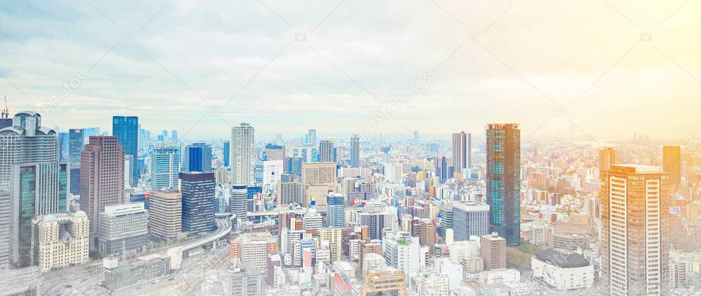 Asia Business concept for real estate and corporate construction - panoramic modern cityscape building bird eye aerial view under sunrise and morning blue bright sky in Osaka, Japan. Mix hand drawn sketch illustration