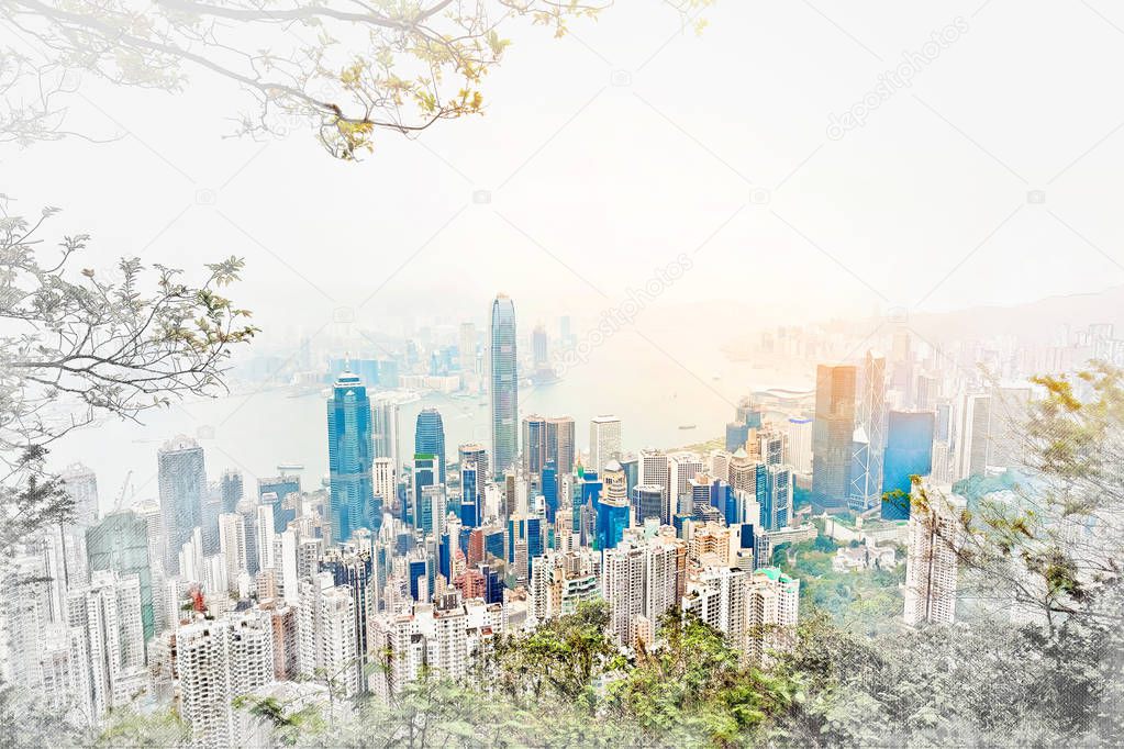 Asia Business concept for real estate - panoramic modern cityscape building bird eye aerial view under sunrise and morning blue bright sky in Hong Kong (HK), China. Mix hand drawn sketch illustration