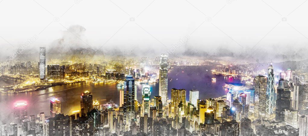 Asia Business concept for real estate and corporate construction - panoramic modern cityscape building bird eye aerial night view in Hong Kong (HK), China. Mix hand drawn sketch illustration