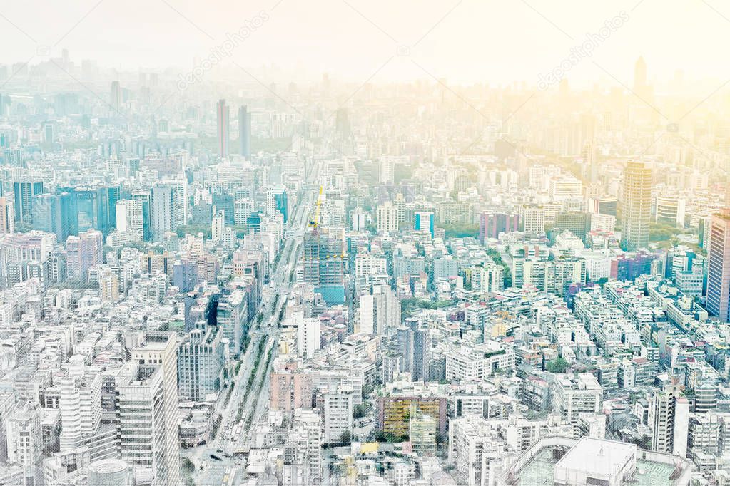 Asia Business concept for real estate - panoramic modern cityscape building bird eye aerial view under sunrise and morning blue bright sky in Taipei, Taiwan. Mix hand drawn sketch illustration