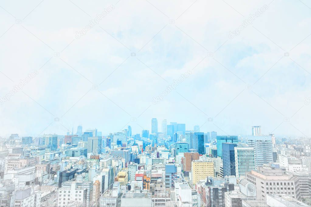 Asia Business concept - panoramic modern cityscape building bird eye aerial view under sunrise and morning blue bright sky from Nagoya TV Tower in Nagoya, Japan mix hand drawn sketch illustration