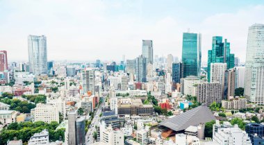 İş ve kültür kavramı - tokyo Tower Tokyo, Japonya'da dramatik sabah mavi bulutlu gökyüzü altında panoramik modern şehir manzarası kuş gözü havadan görünümü
