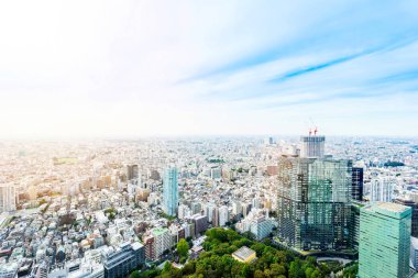 Tokyo, Japonya'da bulutlu gökyüzü mavi panoramik modern şehir manzarası kuş gözü havadan görünümü dramatik güneş ve sabah altında iş ve kültür kavramı-