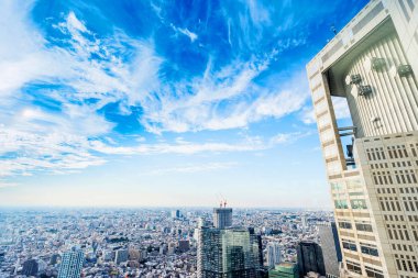 İş ve kültür kavramı - panoramik modern şehir manzarası kuş hava bakışı Tokyo Metropolitan hükümet binası ile dramatik güneş ve sabah altında Tokyo, Japonya'da bulutlu gökyüzü mavi
