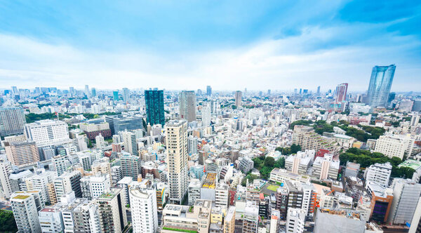 Business and culture concept - panoramic modern city skyline bird eye aerial view from tokyo tower under dramatic sunny and morning blue cloudy sky in Tokyo, Japan
