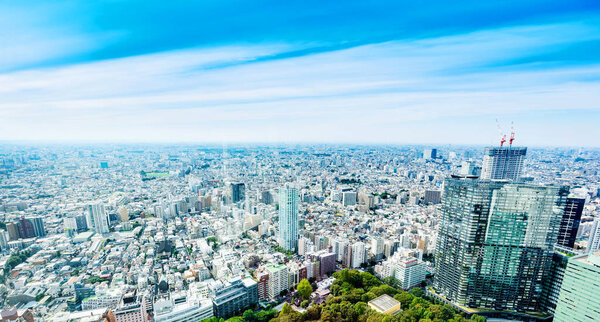 Business and culture concept - panoramic modern city skyline bird eye aerial view under dramatic sun and morning blue cloudy sky in Tokyo, Japan
