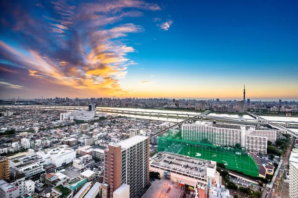 Business and culture concept - panoramic modern city skyline bird eye aerial view with Mountain Fuji and tokyo skytree under dramatic sunset glow and beautiful cloudy sky in Tokyo, Japan