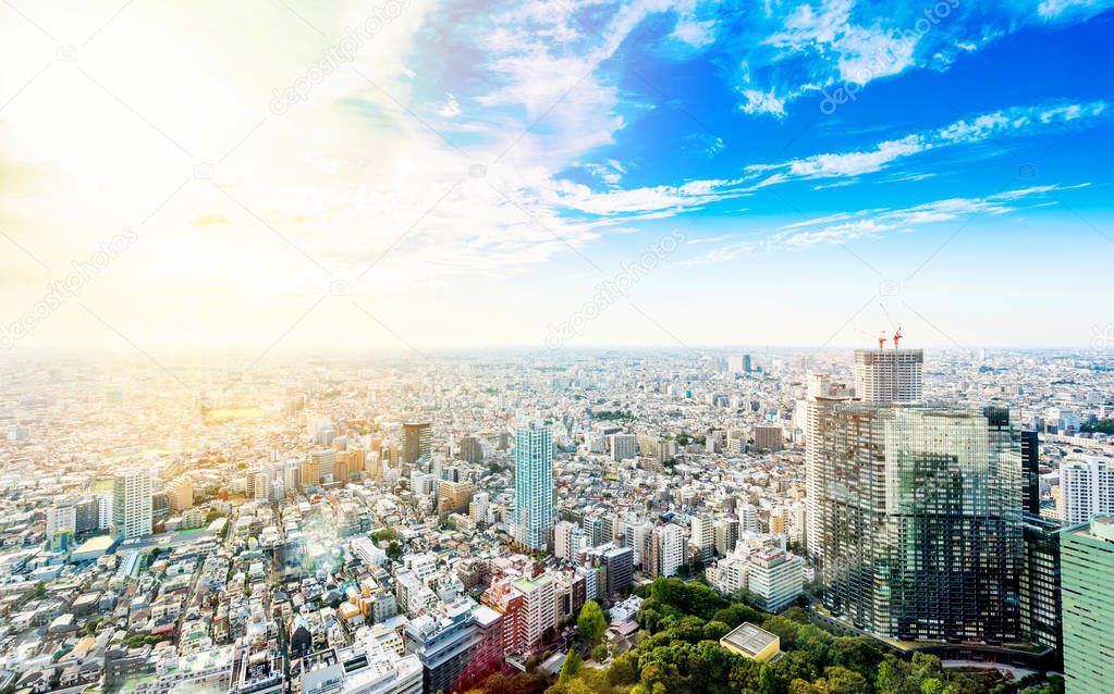 Business and culture concept - panoramic modern city skyline bird eye aerial view under dramatic sun and morning blue cloudy sky in Tokyo, Japan