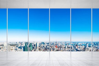 İş ve tasarım konsepti - panoramik modern cityscape kuş gözü havadan görünümü Tokyo, Japonya, görüntü için bina ile mermer zemin ve pencere boş veya yukarı alay