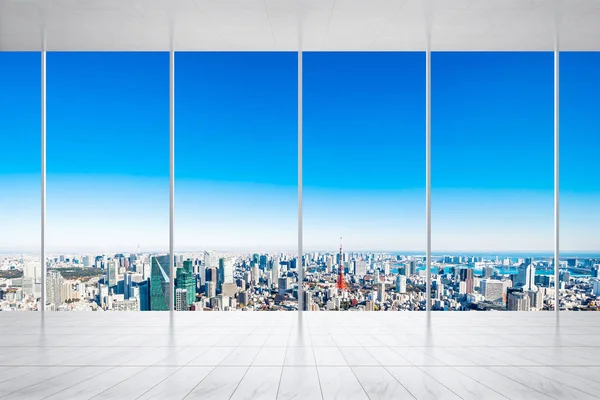 İş ve tasarım konsepti - panoramik modern cityscape kuş gözü havadan görünümü Tokyo, Japonya, görüntü için bina ile mermer zemin ve pencere boş veya yukarı alay