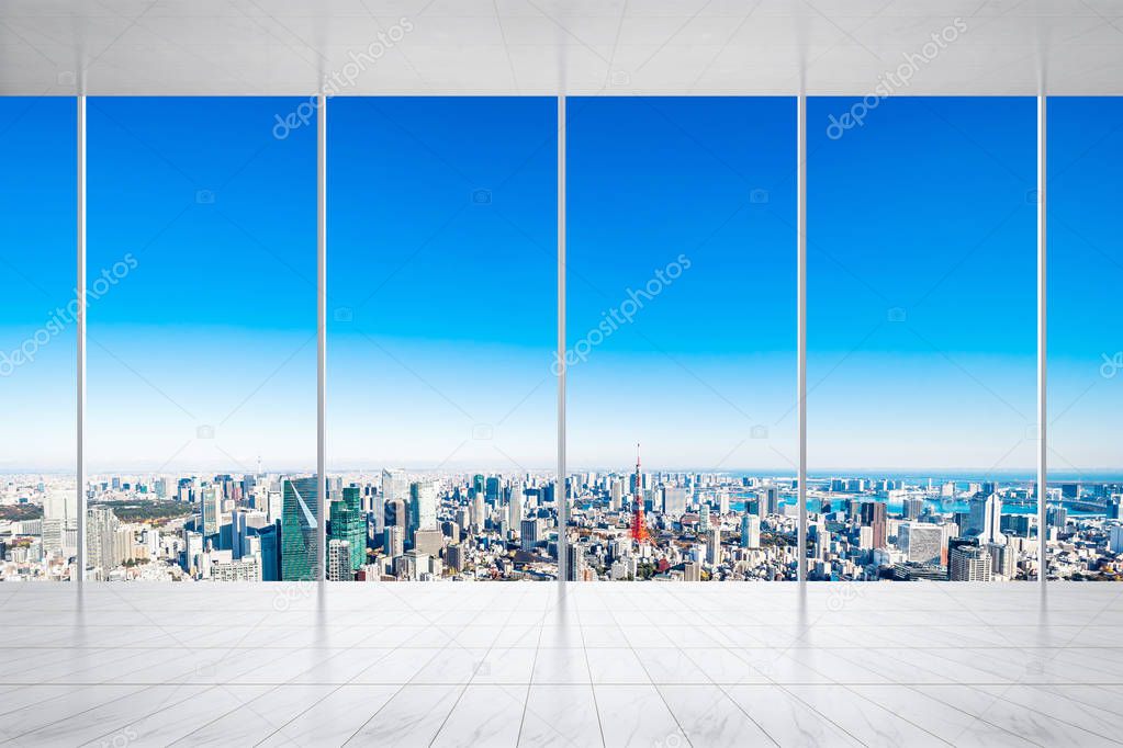 Business and design concept - empty marble floor and window with panoramic modern cityscape building bird eye aerial view of Tokyo, Japan, for display or mock up