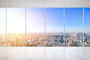 İş ve tasarım konsepti - panoramik modern cityscape kuş gözü havadan görünümü Tokyo, Japonya, görüntü için bina ile mermer zemin ve pencere boş veya yukarı alay