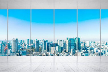 İş ve tasarım konsepti - panoramik modern cityscape kuş gözü havadan görünümü Tokyo, Japonya, görüntü için bina ile mermer zemin ve pencere boş veya yukarı alay